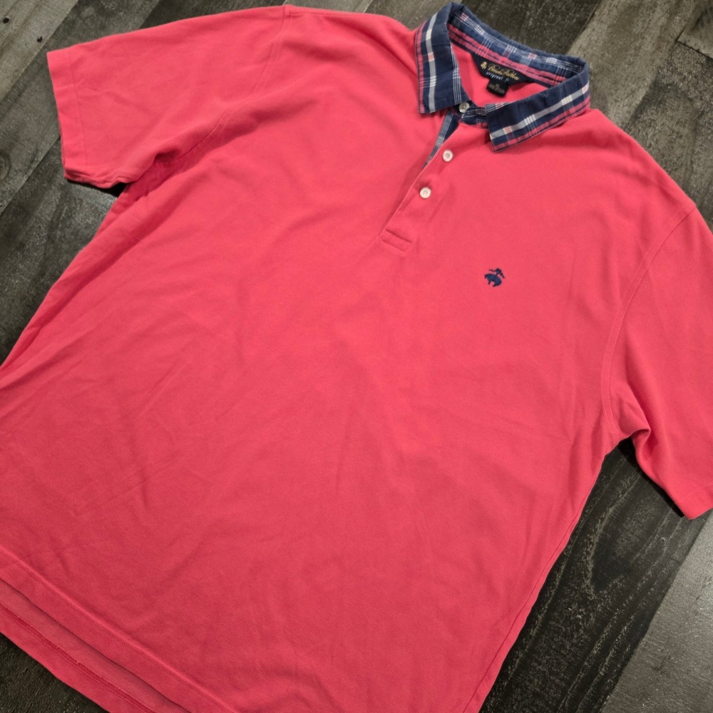 Brooks Brothers XL Original Fit Coral Polo Shirt Plaid Contrast Collar Cotton